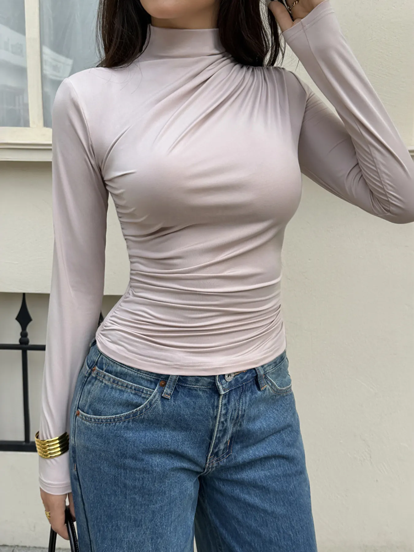Mock Neck Ruched Slim-Fit Long Sleeve T-Shirt