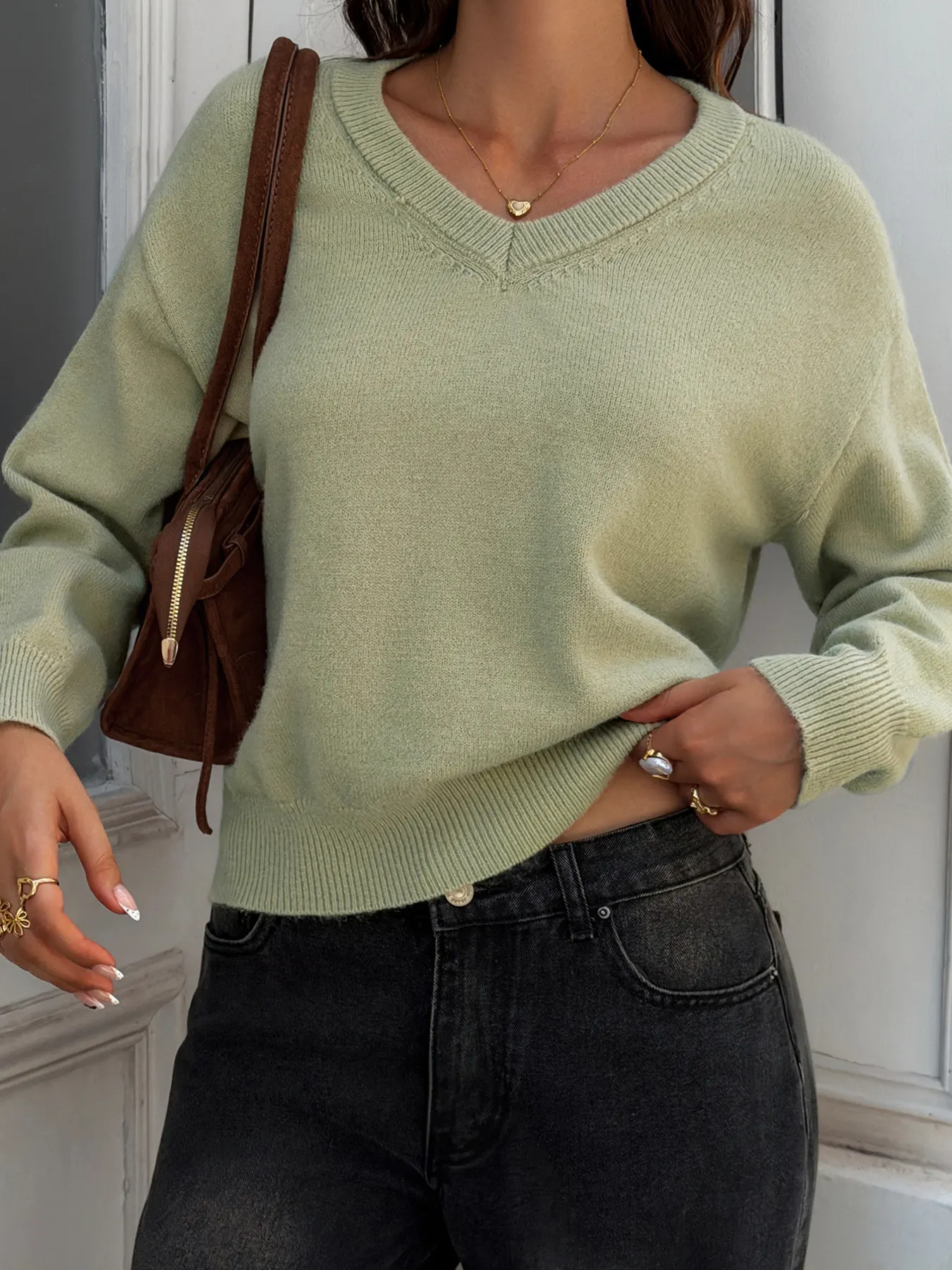V-Neck Ribbed Hem Sweater