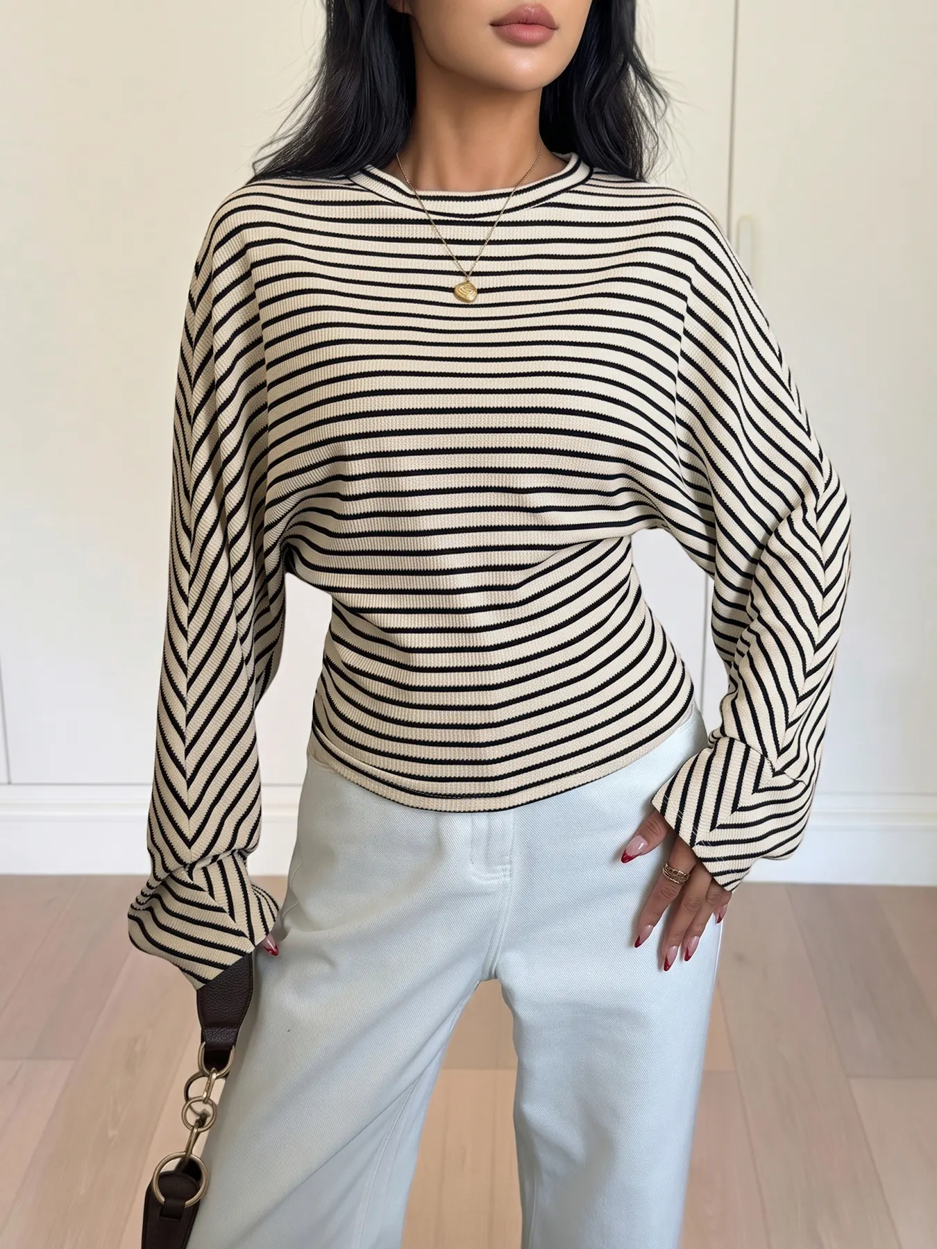 Striped Batwing Sleeve Crew Neck T-Shirt