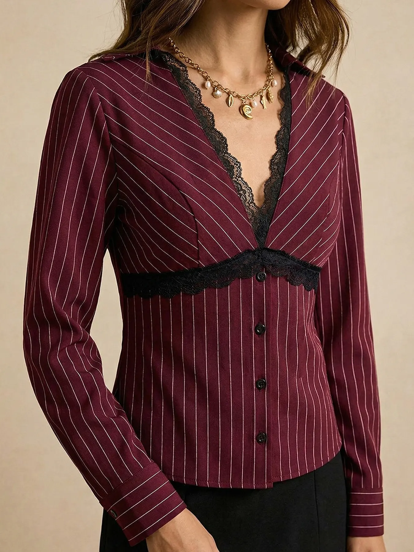 Lace Trim V-Neck Blouse